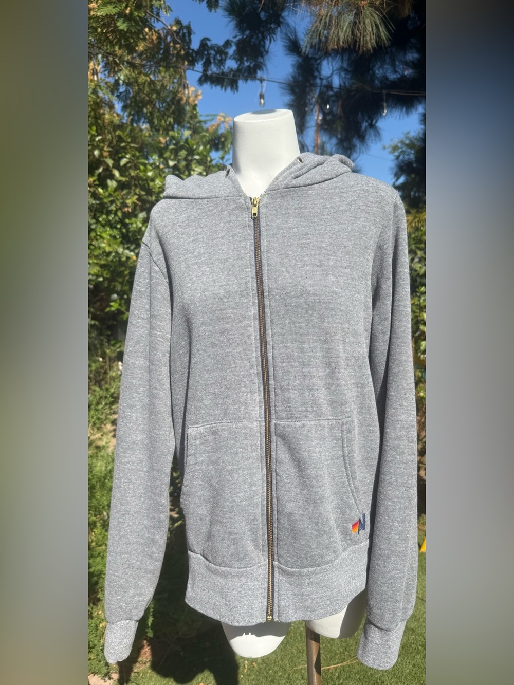 Aviator Nation Gray Zip Hoodie with Small Multi-Stripe Logo